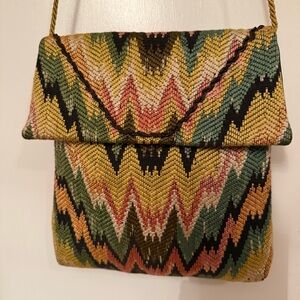 GWEN JACKSON SHOULDER BAG MULTI COLOR FABRIC GOLD BRAIDED CORD FLAP SNAP CLOSE
